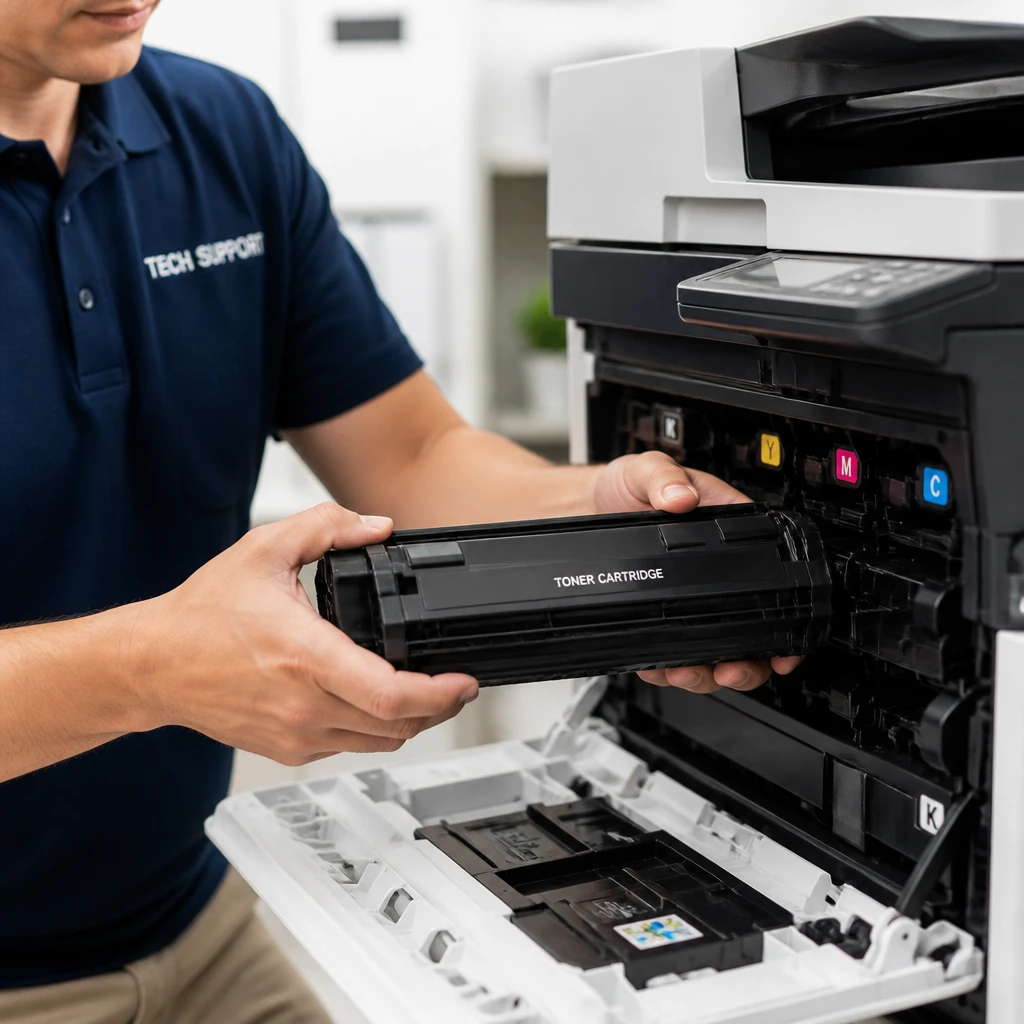 Tecnico specializzato durante l'assistenza e cambio toner per stampante in noleggio